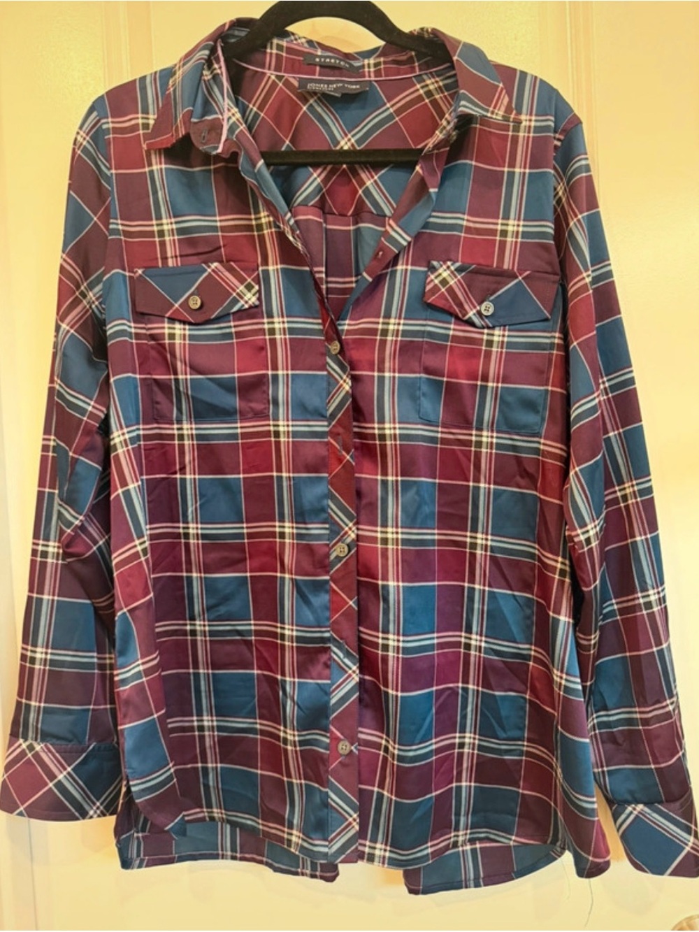 Jones New York Plaid Button-Front Womens Shirt - Blue & Burgundy